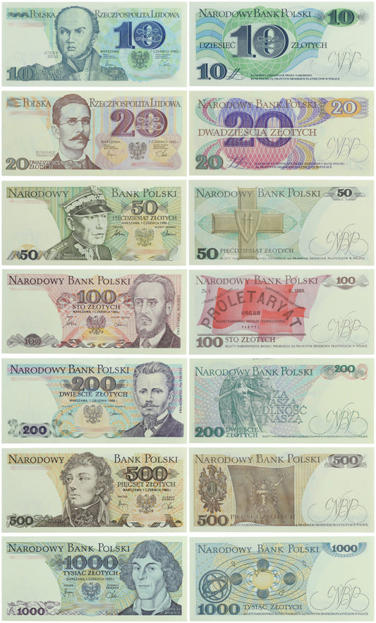 Zestaw 7 banknotów PRL - od 10 do 1000 zł - stan UNC
